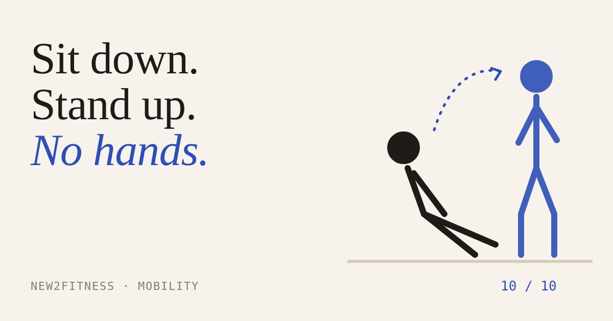 Two stick figures: one seated on the floor, one standing, with a dotted arrow showing the rise