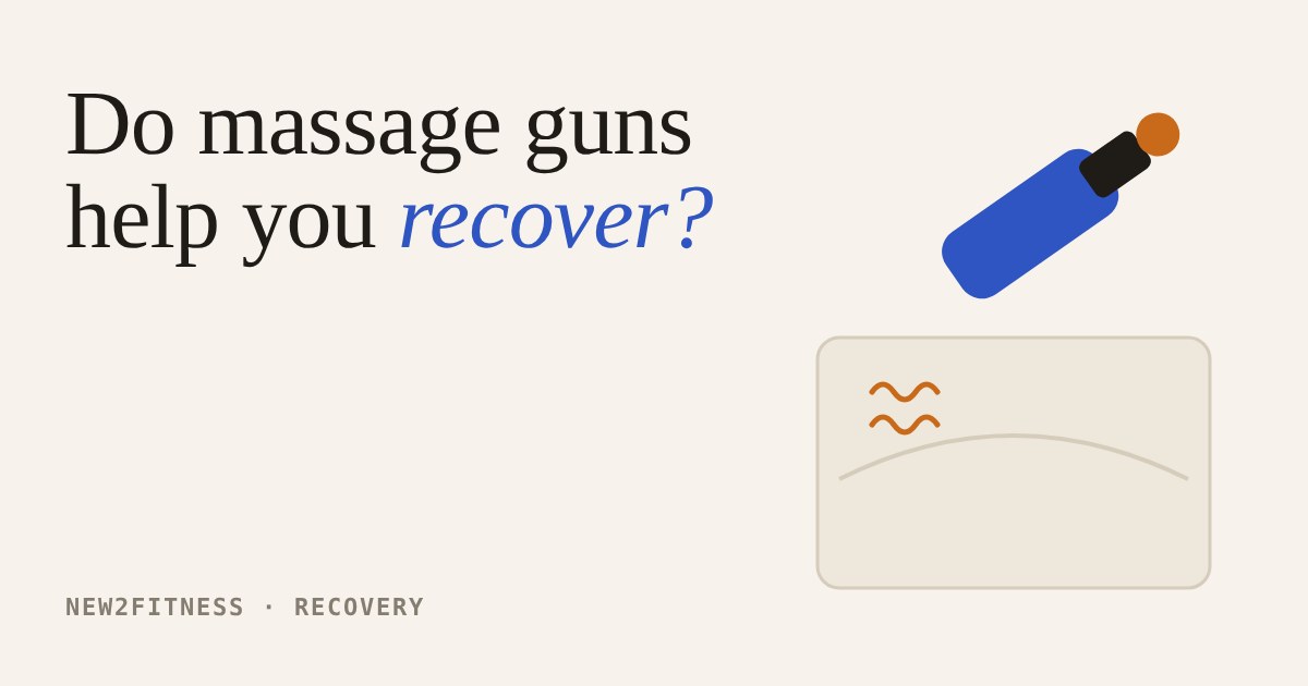 A blue handheld massage gun hovering above a muscle, with orange vibration waves